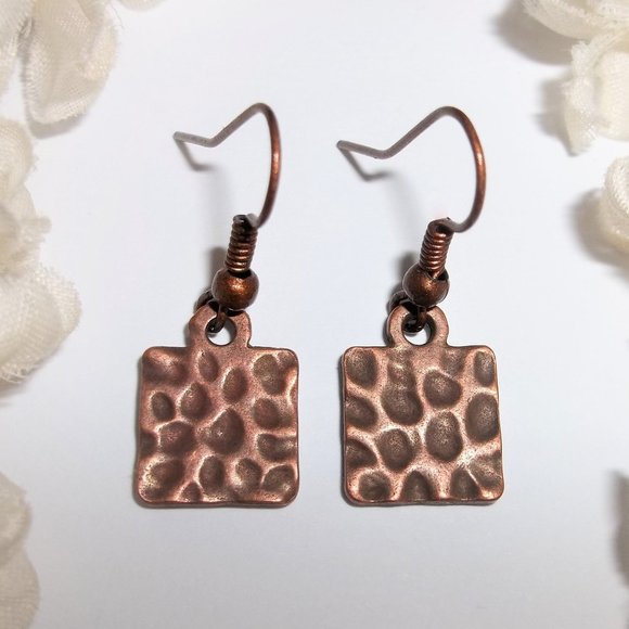wvluckygirl Jewelry - Boho Copper Earrings Dangle Hammered Metal Square Minimalist Style Dangle 3683